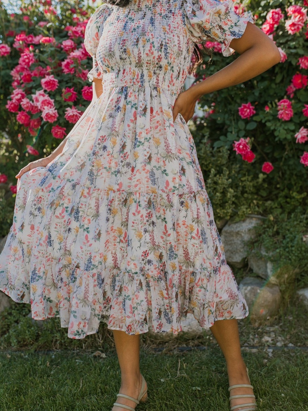Ivy City Co Pink Multi Floral Smocked Midi Dress